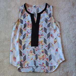 CAbi Blue and White Sleeveless Graphic Blouse